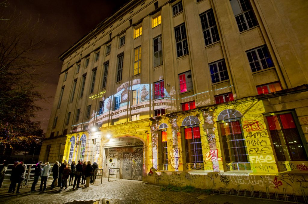 BERLIN, GERMANY - JANUARY 23: (EXCLUSIVE COVERAGE)  Projection of Sanssouci Palace on the facade of Berghain nightclub for Friedrich der Grosse Special Yellow Lounge organized by recording label Deutsche Grammophon at Berghain nightclub on January 23, 2012 in Berlin, Germany.  (Photo by Stefan Hoederath/Getty Images)